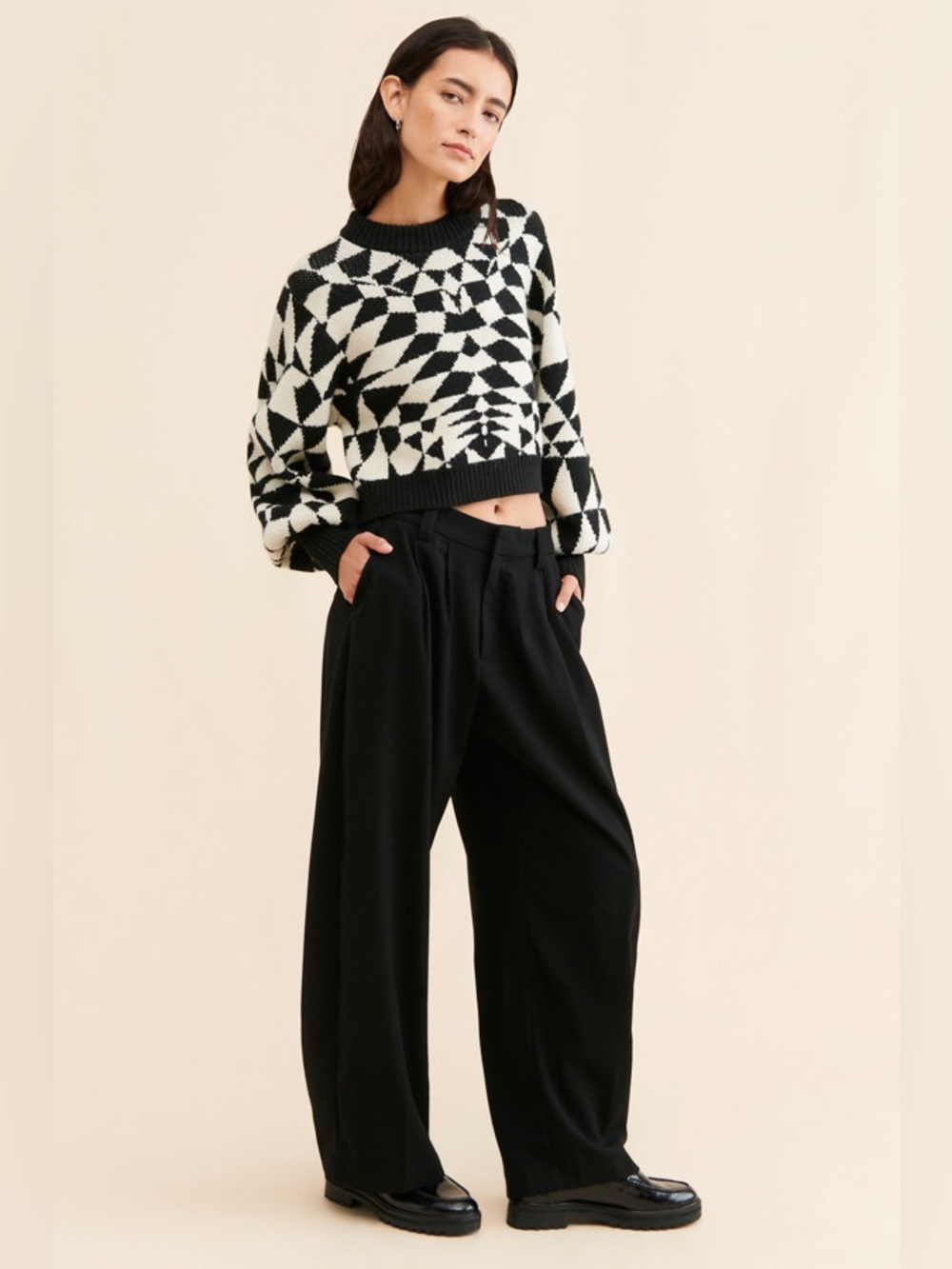 Farm Rio || Deco Knit Sweater Geometric Black White Small